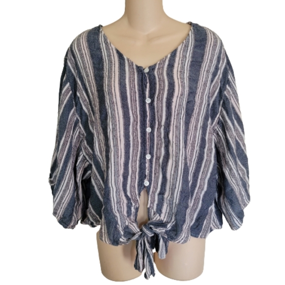 Francesca's Harper Heritage Vertical Stripe Button Down Front Tie Top Size XL - Picture 2 of 10